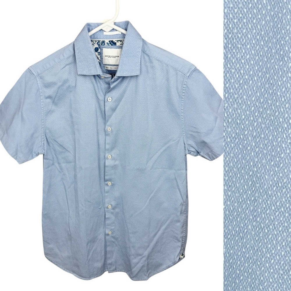 Denim & Flower Ricky Singh Blue Micro Dot Short Sleeve Button Down S